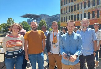 Le jury de la meilleure présentation orale (Anne Laure Charles, Jean Muller, Nicolas Le May & Frédéric Gros) et le gagnant, Valentin Gensbittel, unité Inserm 1109/Unistra, CRBS days©H Cheung